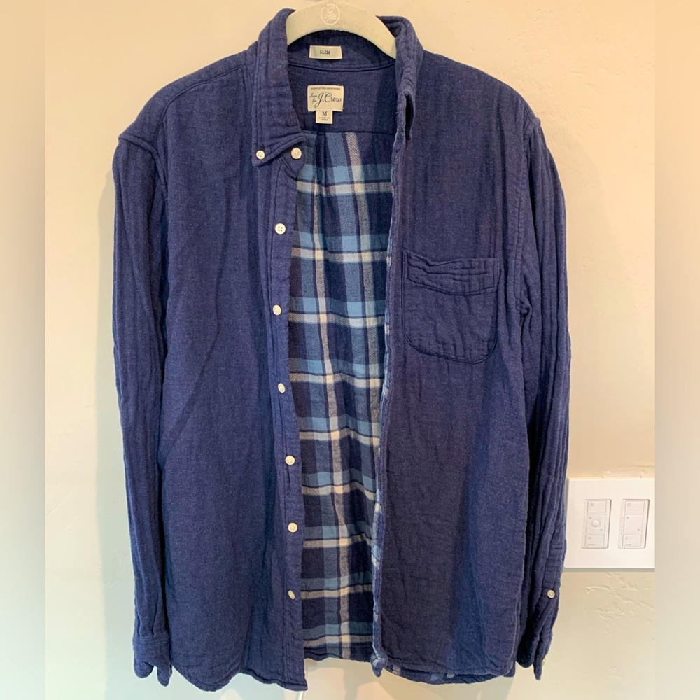 J Crew Slim Fit Double Weave Button Down Shirt in blue flannel Size M